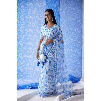 Baise Gaba White Sheesh Organza Saree with Unstitched