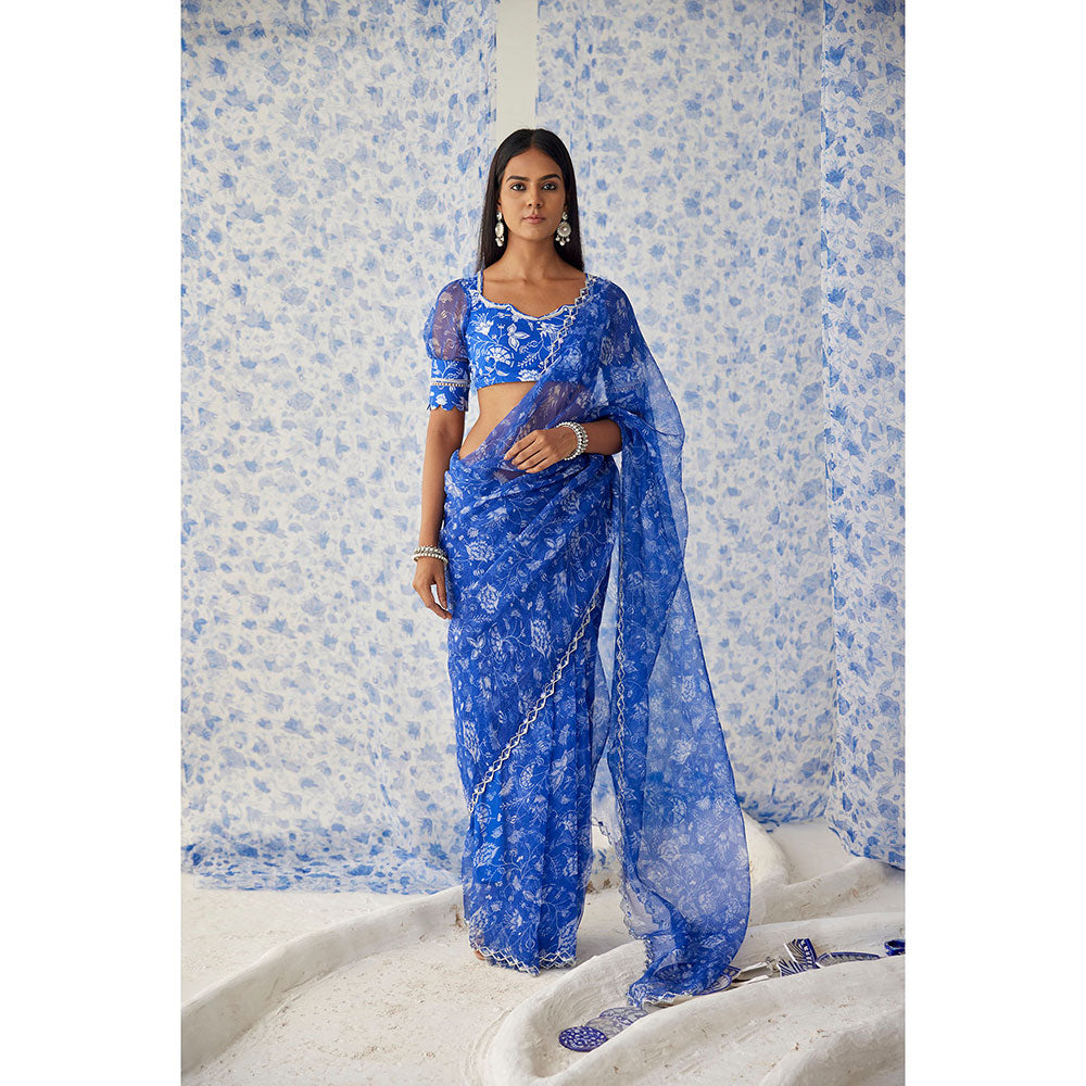Baise Gaba Blue Darpan Organza Saree with Unstitched