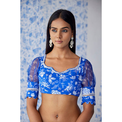 Baise Gaba Blue Darpan Organza Saree with Unstitched