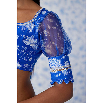 Baise Gaba Blue Darpan Organza Saree with Unstitched