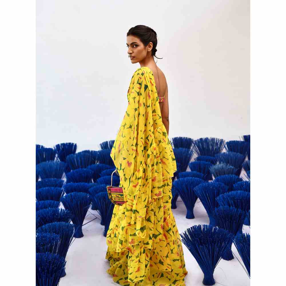 Baise Gaba Prito Yellow Printed Saree with Unstitched Blouse