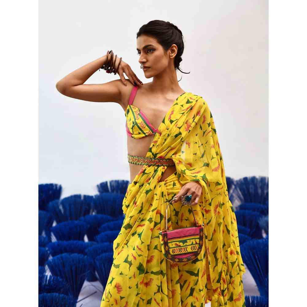 Baise Gaba Prito Yellow Printed Saree with Unstitched Blouse