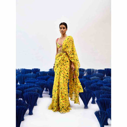 Baise Gaba Prito Yellow Printed Saree with Unstitched Blouse