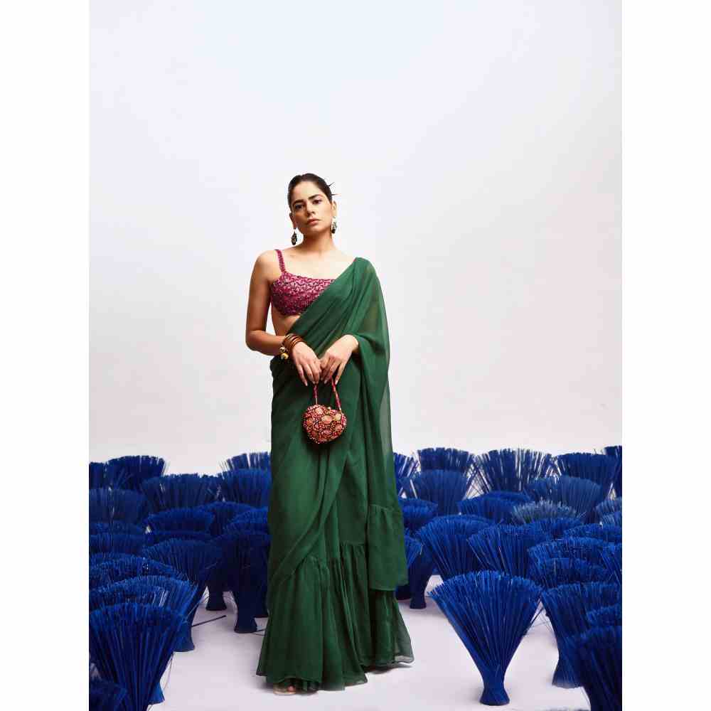 Baise Gaba Rani Green Ruffled Saree with Unstitched Blouse