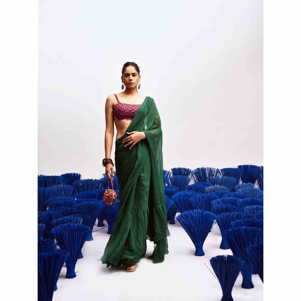 Baise Gaba Rani Green Ruffled Saree with Unstitched Blouse