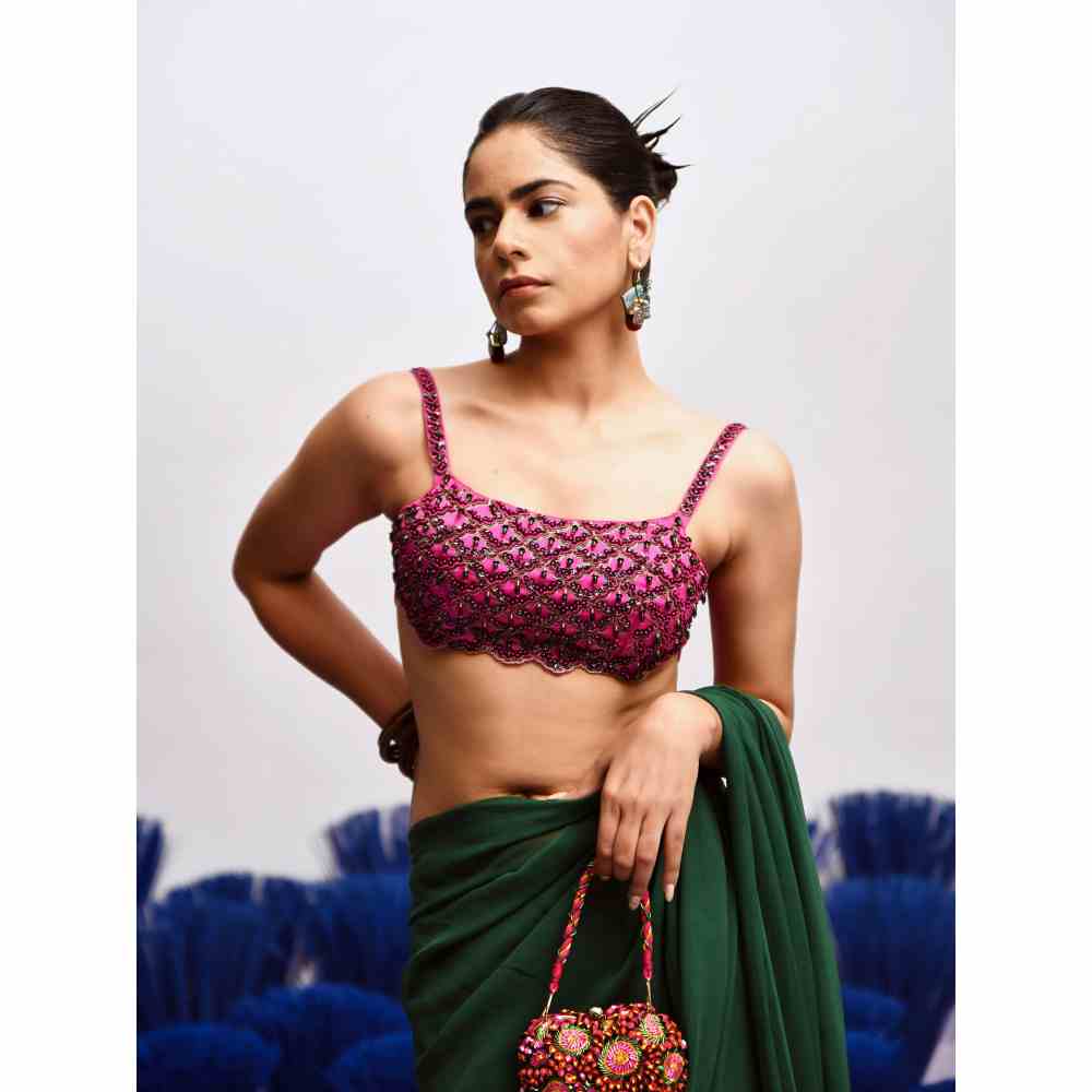 Baise Gaba Rani Green Ruffled Saree with Unstitched Blouse