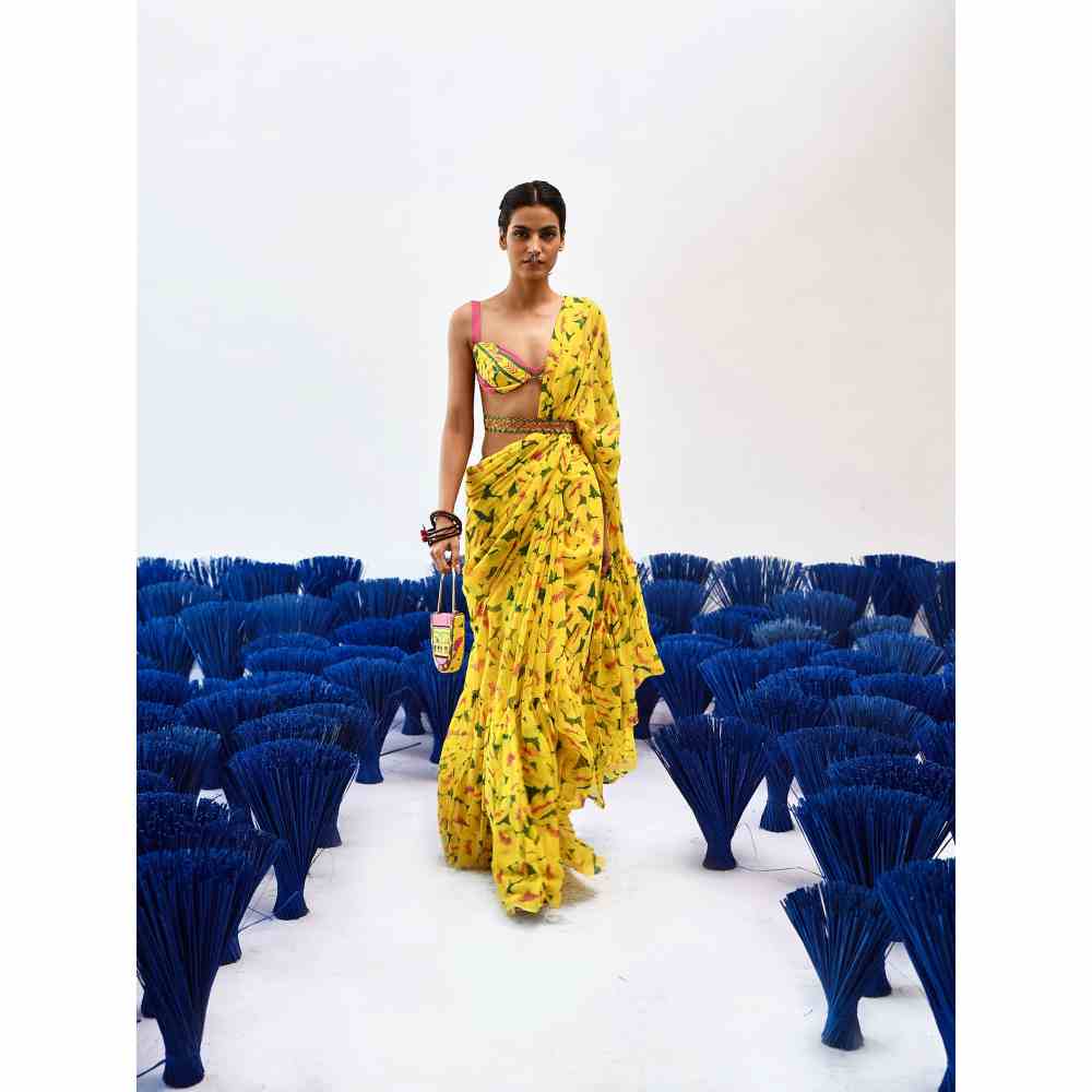 Baise Gaba Prito Yellow Printed Saree with Stitched Blouse