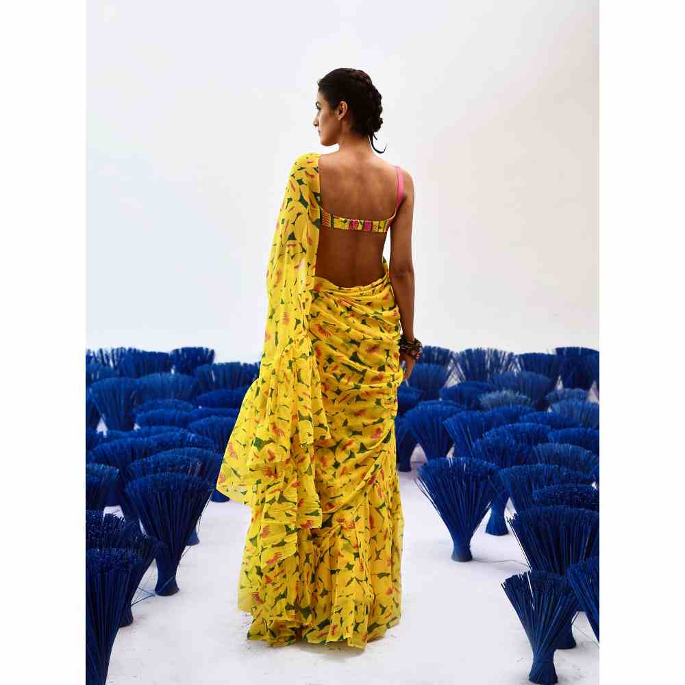 Baise Gaba Prito Yellow Printed Saree with Stitched Blouse