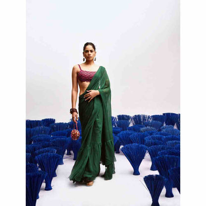 Baise Gaba Rani Ruffle Saree with Stitched Blouse (Set of 2)