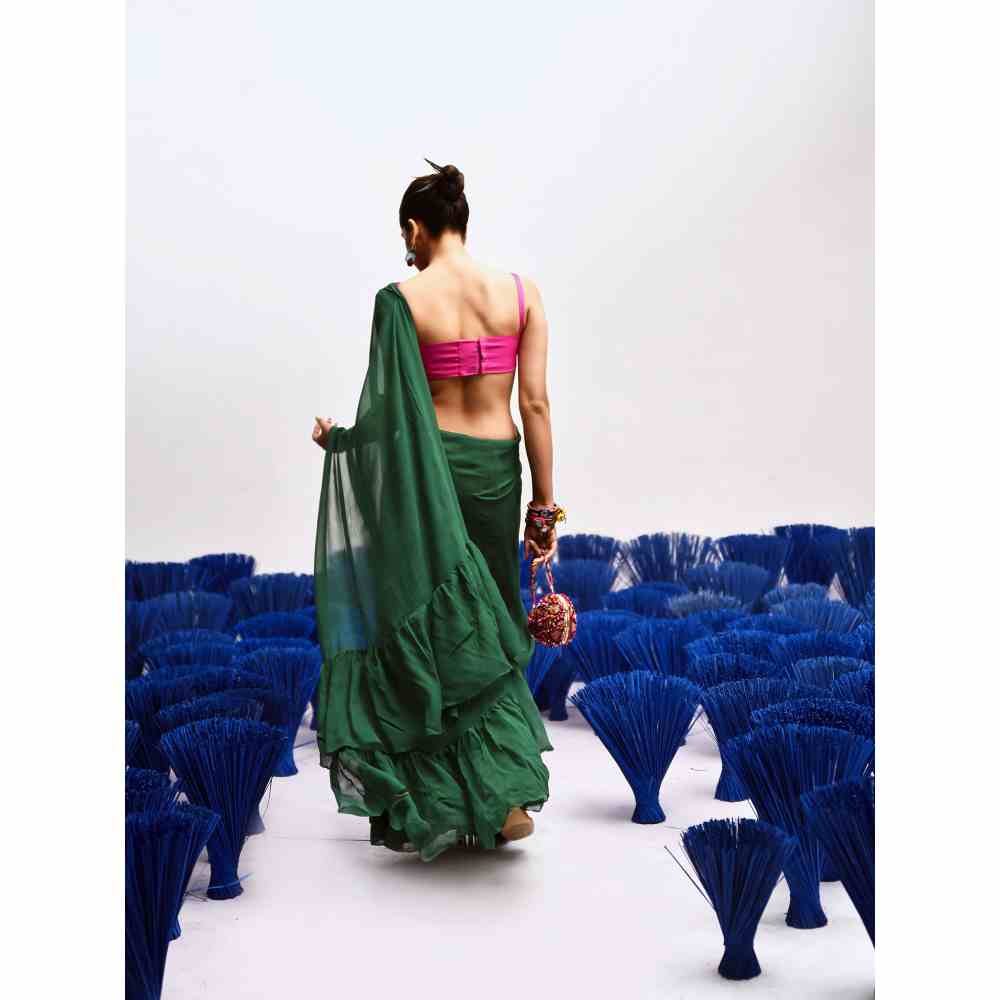 Baise Gaba Rani Ruffle Saree with Stitched Blouse (Set of 2)