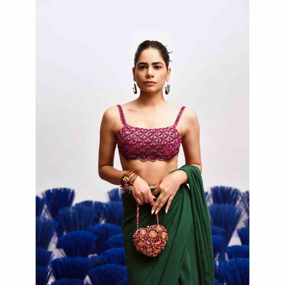 Baise Gaba Rani Ruffle Saree with Stitched Blouse (Set of 2)