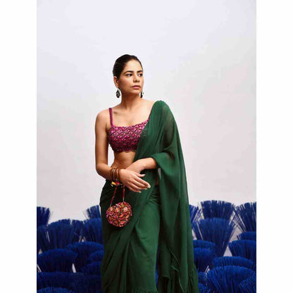 Baise Gaba Rani Ruffle Saree with Stitched Blouse (Set of 2)