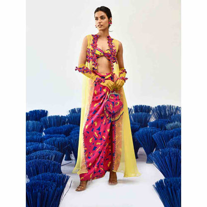 Baise Gaba Yellow Pink Western Blouse and Skirt with Maua Choga (Set of 3)
