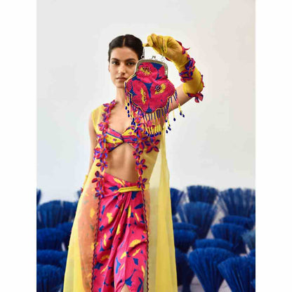 Baise Gaba Yellow Pink Western Blouse and Skirt with Maua Choga (Set of 3)