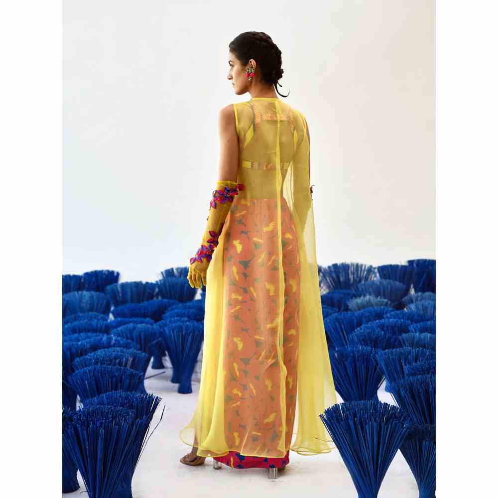 Baise Gaba Yellow Pink Western Blouse and Skirt with Maua Choga (Set of 3)