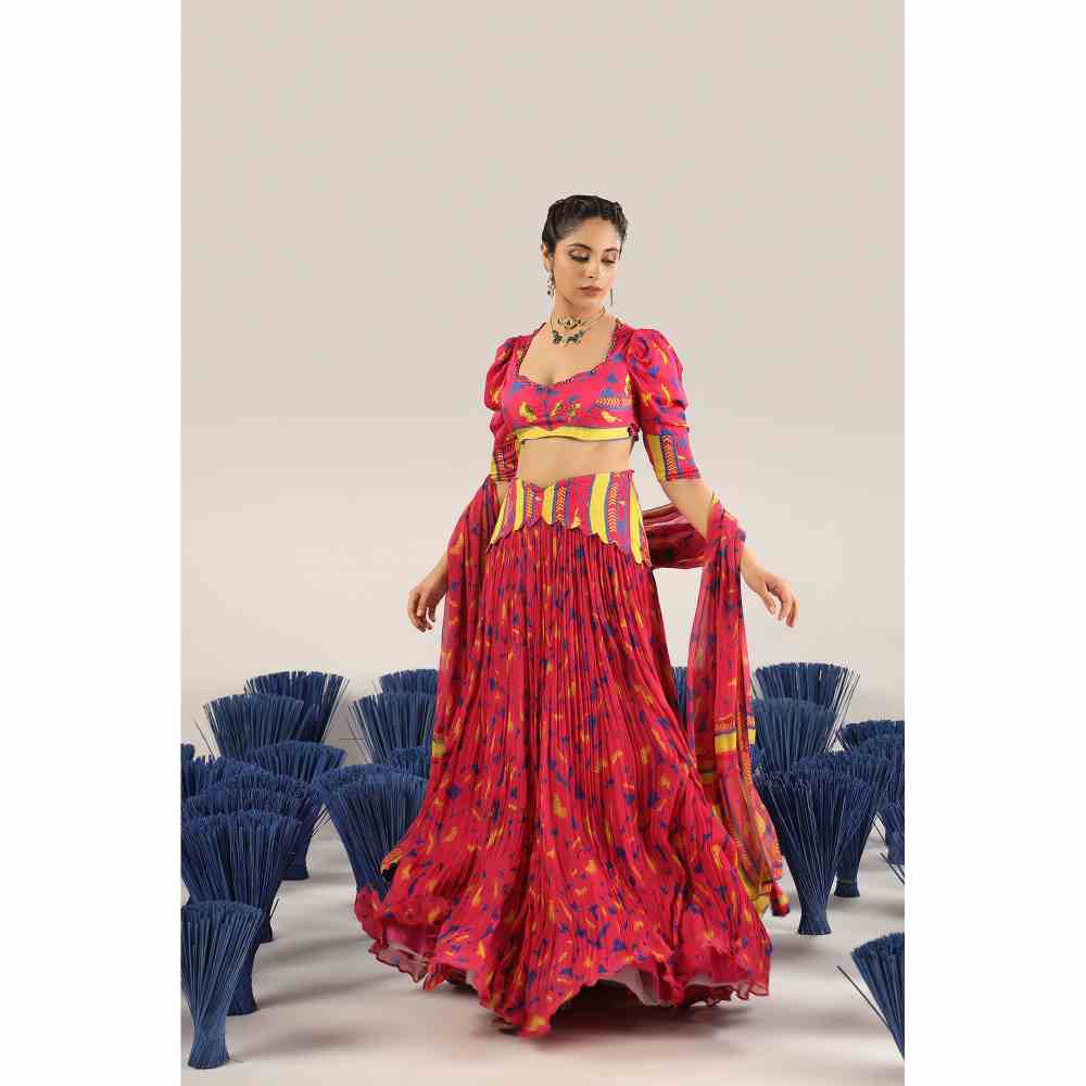 Baise Gaba Gher chiffon Lehenga with Blouse & Dupatta (Set of 3)