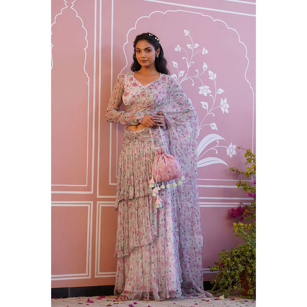 Baise Gaba Shell Pink Ready To Wear Saree With Stitched Blouse
