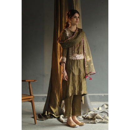 Begum Pret Nakasha Kurta - Deep Olive (Set of 4)