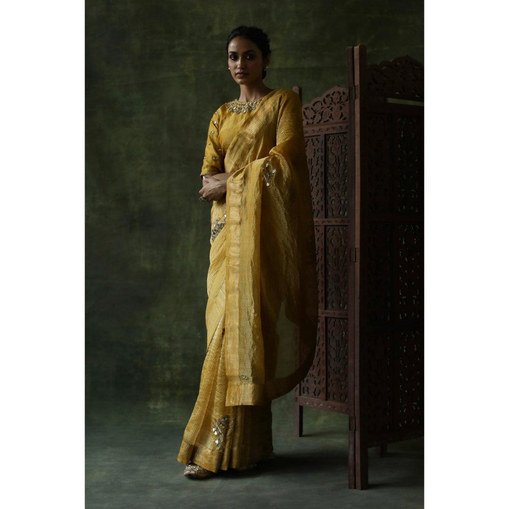 Begum Pret Mustard Gulnaaz Saree with Stitched Blouse