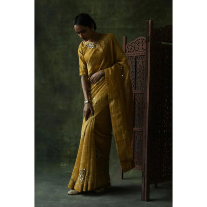 Begum Pret Mustard Gulnaaz Saree with Stitched Blouse