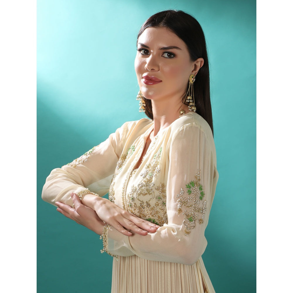 Bha-Sha Adira Ivory Embellished Anarkali Kurta with Palazzo & Dupatta (Set of 3)