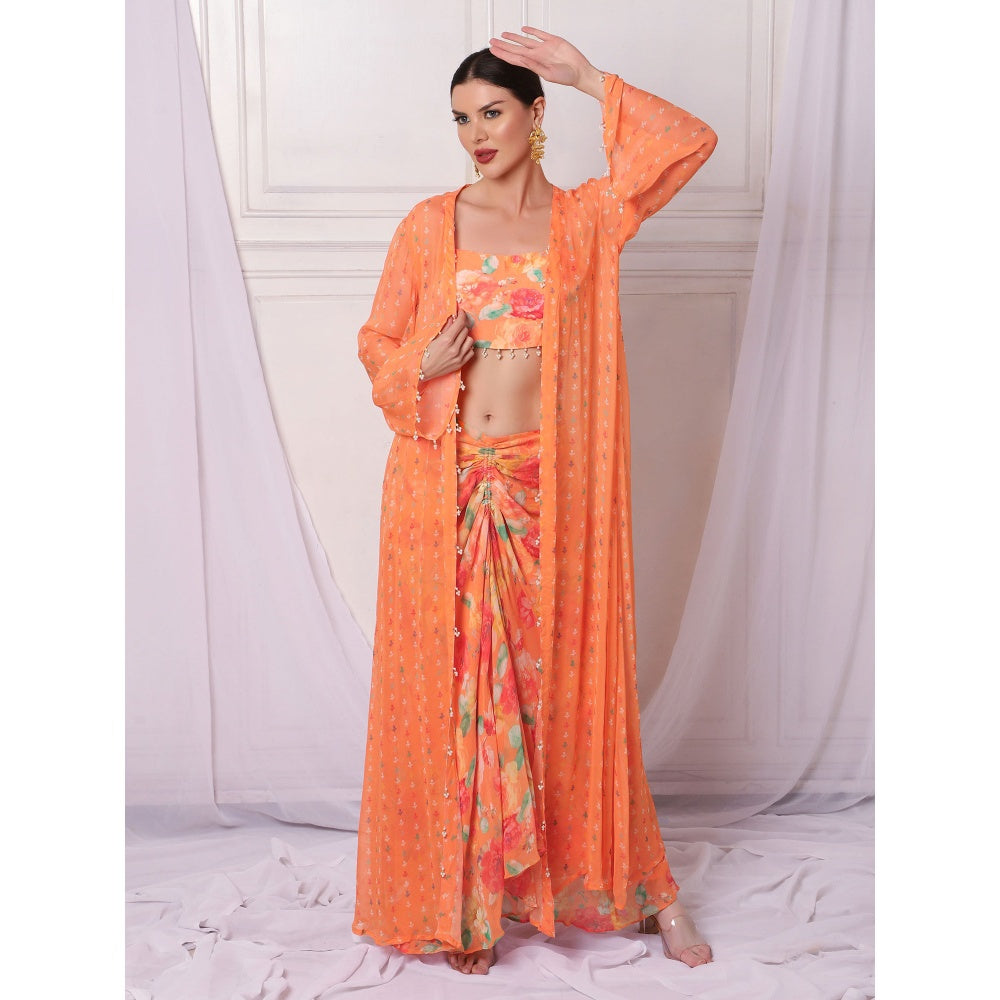 Bha-Sha Iris Orange Floral Jacket with Bustier & Skirt (Set of 3)
