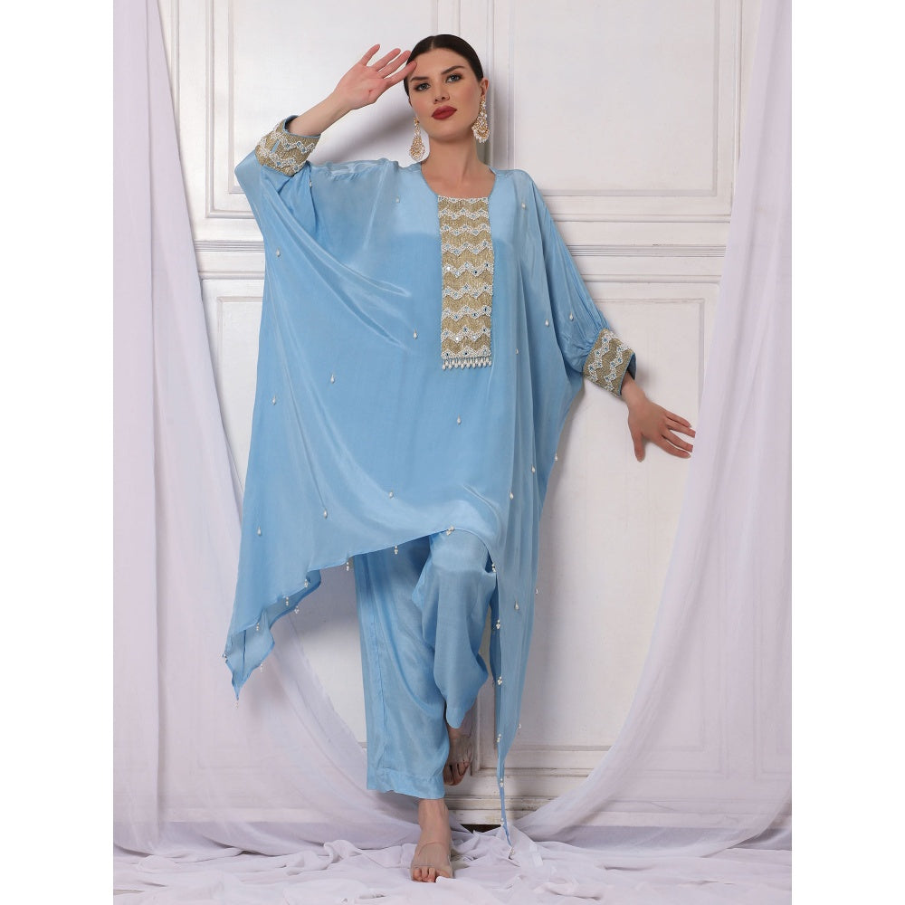Bha-Sha Afrah Crepe Blue Embellished Kaftan with Inner & Pant (Set of 3)