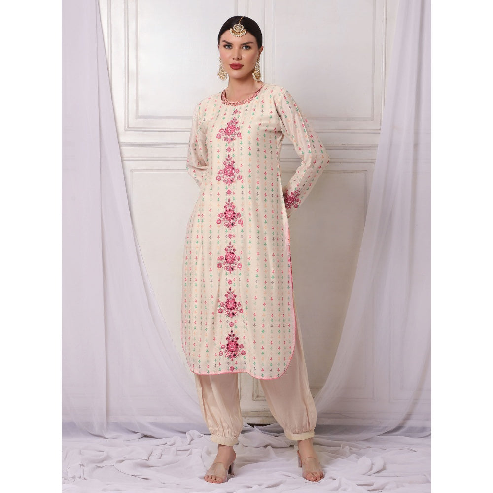 Bha-Sha Marina Ivory Embroidered Kurta with Pant (Set of 2)