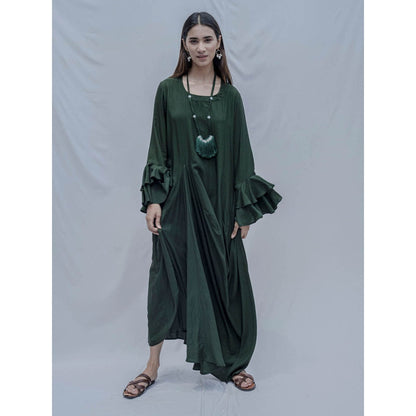 Bohame Bottle Green Asymmetric Dress With Necklace(Set of 2)