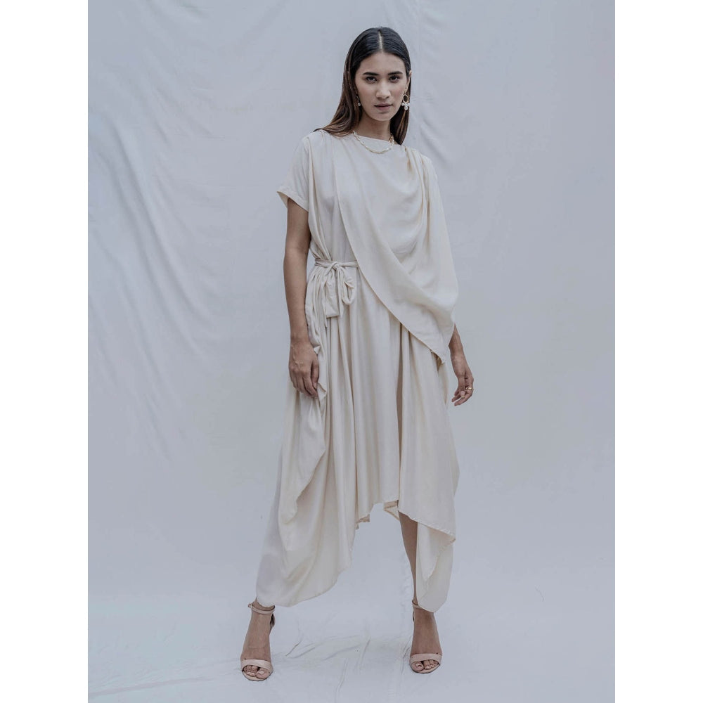 Bohame Off White Jess Overlap Asymmetric Dress With Belt (Set of 2)