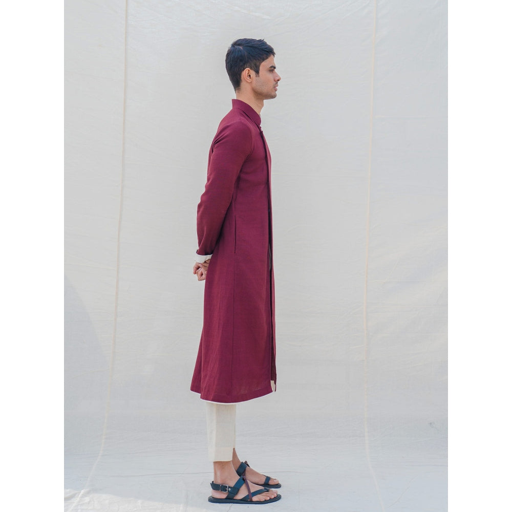 Bohame Cotton X Linen In Maroon Kurta With Pajama (Set of 2)