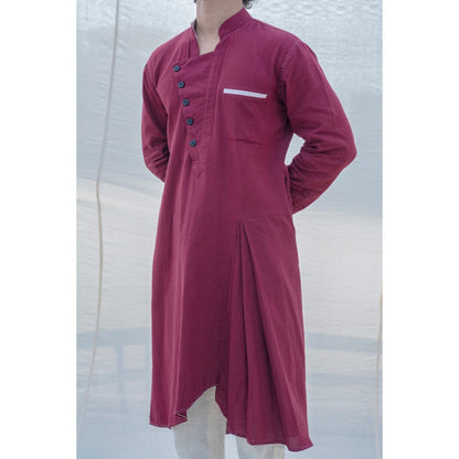 Bohame Cotton X Linen In Maroon Kurta With Pajama (Set of 2)