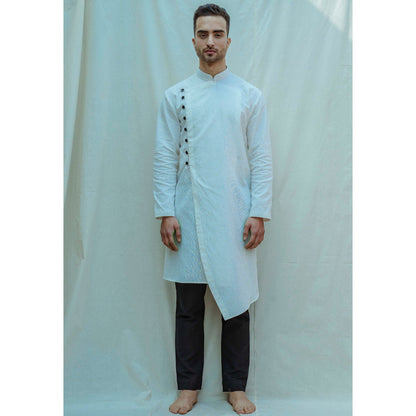 Bohame Cotton X Linen Overlapped Kurta With Pajama In White (Set of 2)