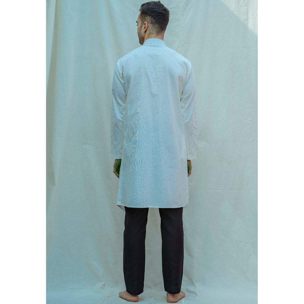 Bohame Cotton X Linen Overlapped Kurta With Pajama In White (Set of 2)