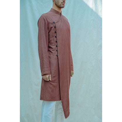 Bohame Cotton X Linen Overlapped Kurta With Pajama In Brown (Set of 2)