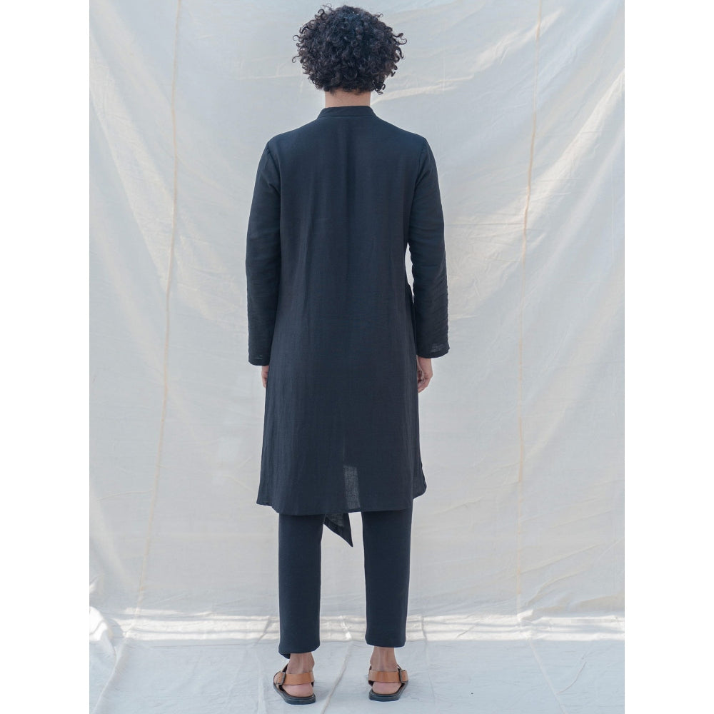 Bohame Cotton X Linen Black Kurta With Pajama (Set of 2)