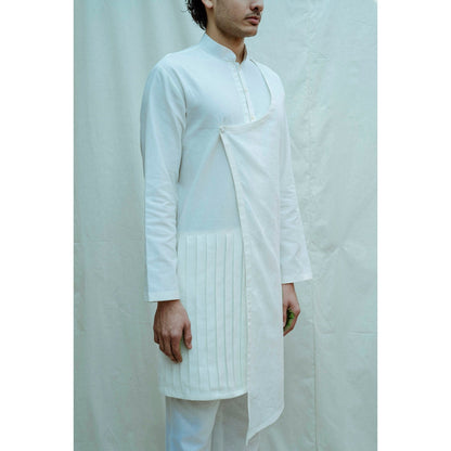 Bohame Pleated Angrakha Kurta And Pajama In White (Set of 2)