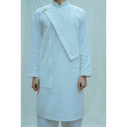 Bohame Cotton X Linen Overlap Kurta And Pajama In White (Set of 2)