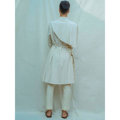 Bohame Cotton X Linen Cape Style Kurta With Pajama In Off White (Set of 2)
