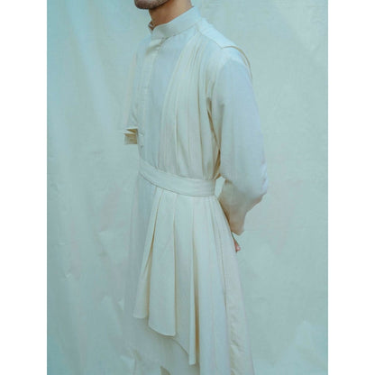 Bohame Cotton X Linen Cape Style Kurta With Pajama In Off White (Set of 2)