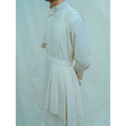 Bohame Cotton X Linen Cape Style Kurta With Pajama In Off White (Set of 2)