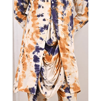 Bohame Jayden Blue and Mustard Cowl Kurta (Set of 2)
