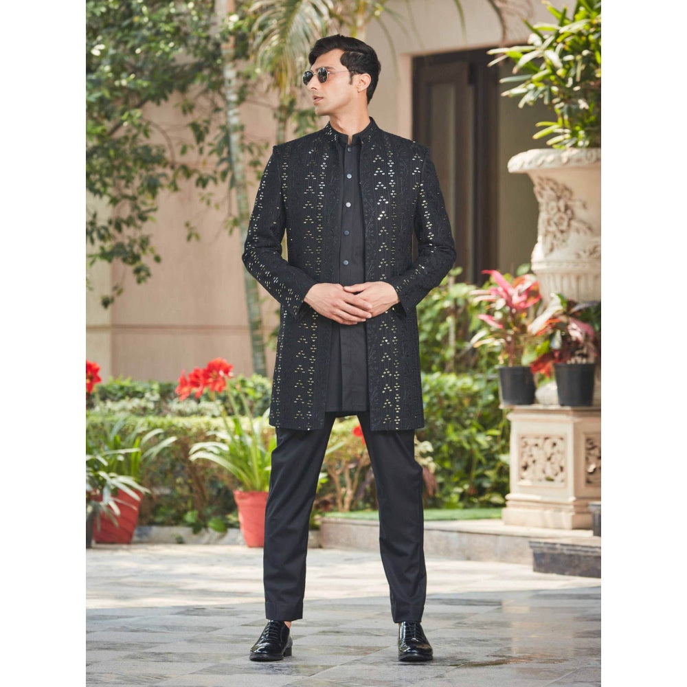Bohame Niruha - Black Chikankari Open Kurta (Set of 3)