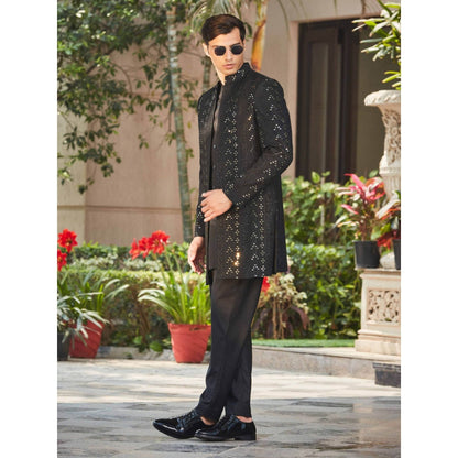 Bohame Niruha - Black Chikankari Open Kurta (Set of 3)