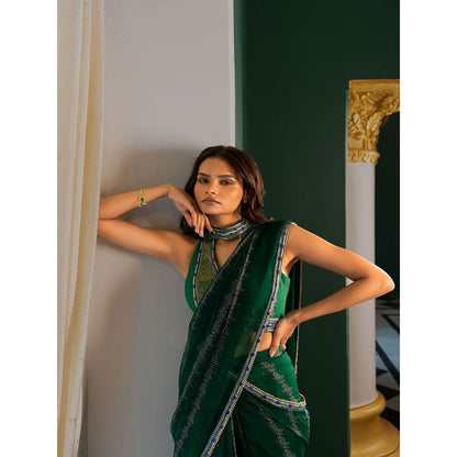 17 : 17 by Simmi Saboo Green Evil Eye Saree with Halter Neck Stitched Blouse