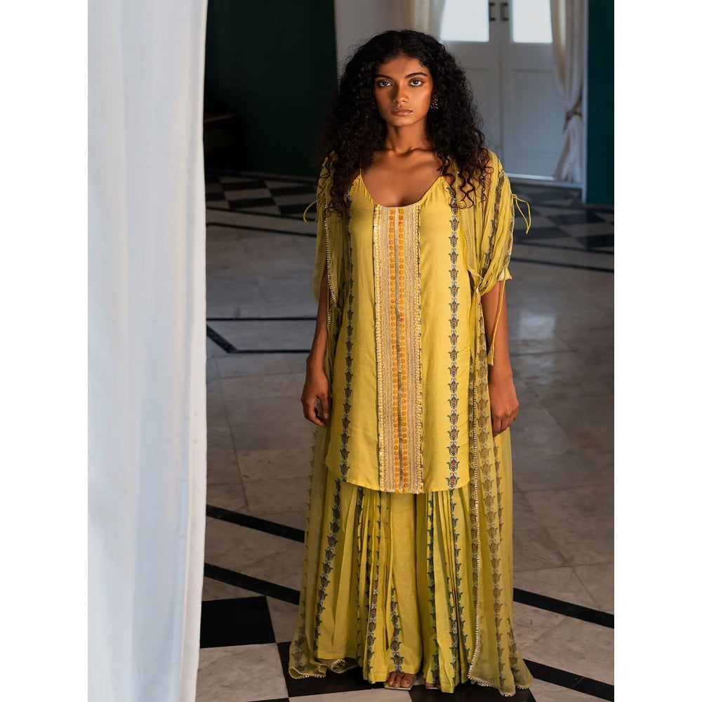 17 : 17 by Simmi Saboo Yellow Evil Eye Kurta & Palazzo with Drawstring Jacket (Set of 3)