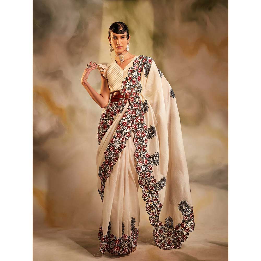 CHANDRIMA Ivory And Black Cutwork Saree