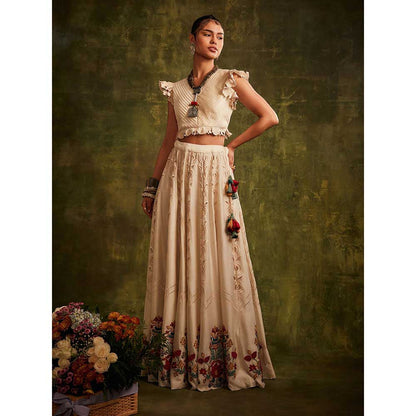 CHANDRIMA Ivory Pleated Ruffle Top