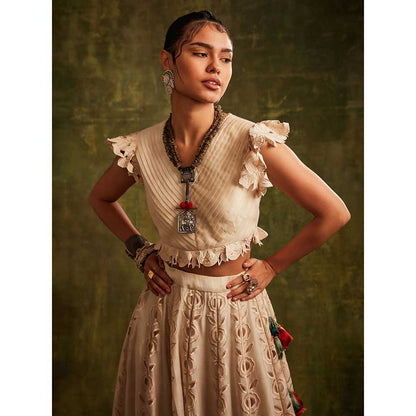 CHANDRIMA Ivory Pleated Ruffle Top