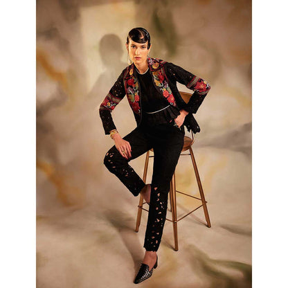 CHANDRIMA Black Cutwork And Beadwork Paneled Jacket